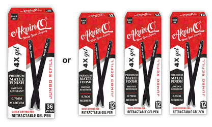 AKVINQ® 4X Gel Retractable Gel Pen | 0.7mm Medium Point | Black Gel Ink Pens | Pack of 36 Pens | Premium Matte Finish | Jumbo Refill | Bulk Pack for Journaling, Writing, Note-Taking, Office Supplies