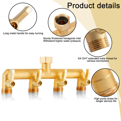 EBH Brass Garden Hose Splitter, 4-Way Heavy Duty Hose Splitter, Outdoor Faucet Manifold, with Extended Metal Handle and Individual On/Off Valve Spout, 3/4” GHT Threads