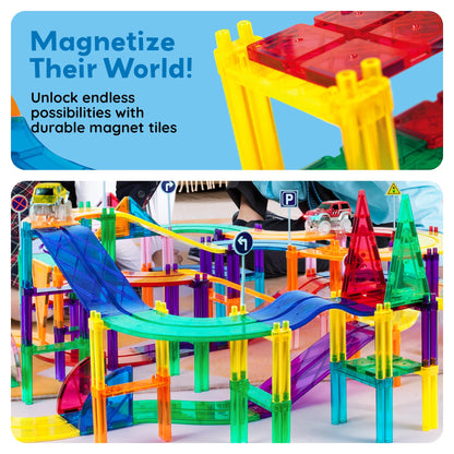 PicassoTiles 128pcs Magnetic Race Car Track Building Block Educational Toy Set Tiles Magnet Playset 3 LED Car STEM Learning Construction Kit Fine Motor Skill Training Brain Development for Kids Age3+