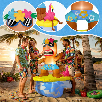 GUDELAK 5FT Flamingo Inflatable Tiki Surfboard Luau Party Decorations, Summer Inflatables Outdoor Decorations with LEDs and Blower, Tiki Blow Up Flamingo for Tropical Beach Pool Summer Yard Decor