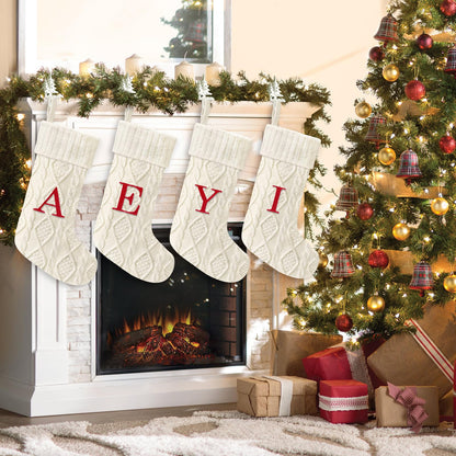 Yoochee 21 Inches Knitted Christmas Stockings with Initials, Large White Custom Monogram Embroidery Christmas Stockings with Letter, Personalized Xmas Decoration for Holiday Family Party-A