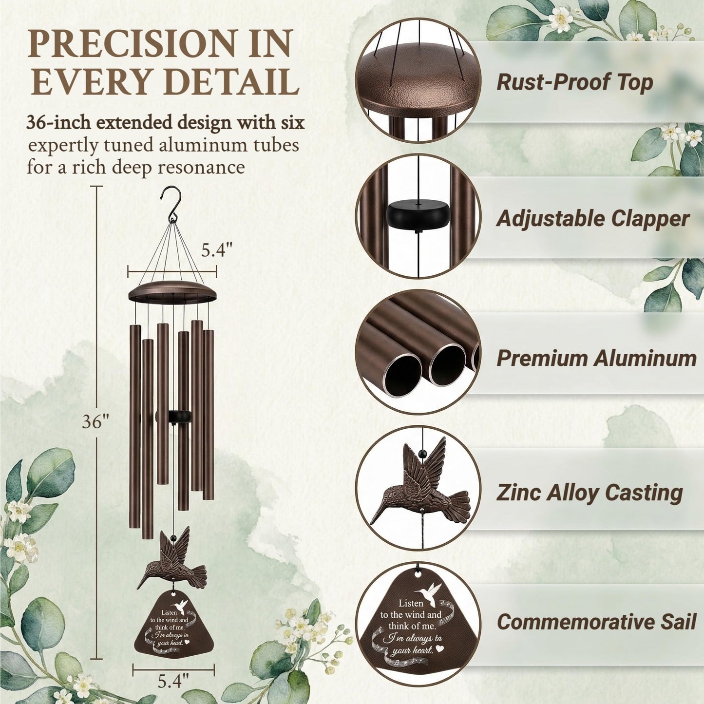 36" Memorial Wind Chimes for Outside, Sympathy Gift for Loss of Loved One, Hummingbird Wind Chime for Mom Dad, Bereavement Remembrance Funeral Condolence Gift