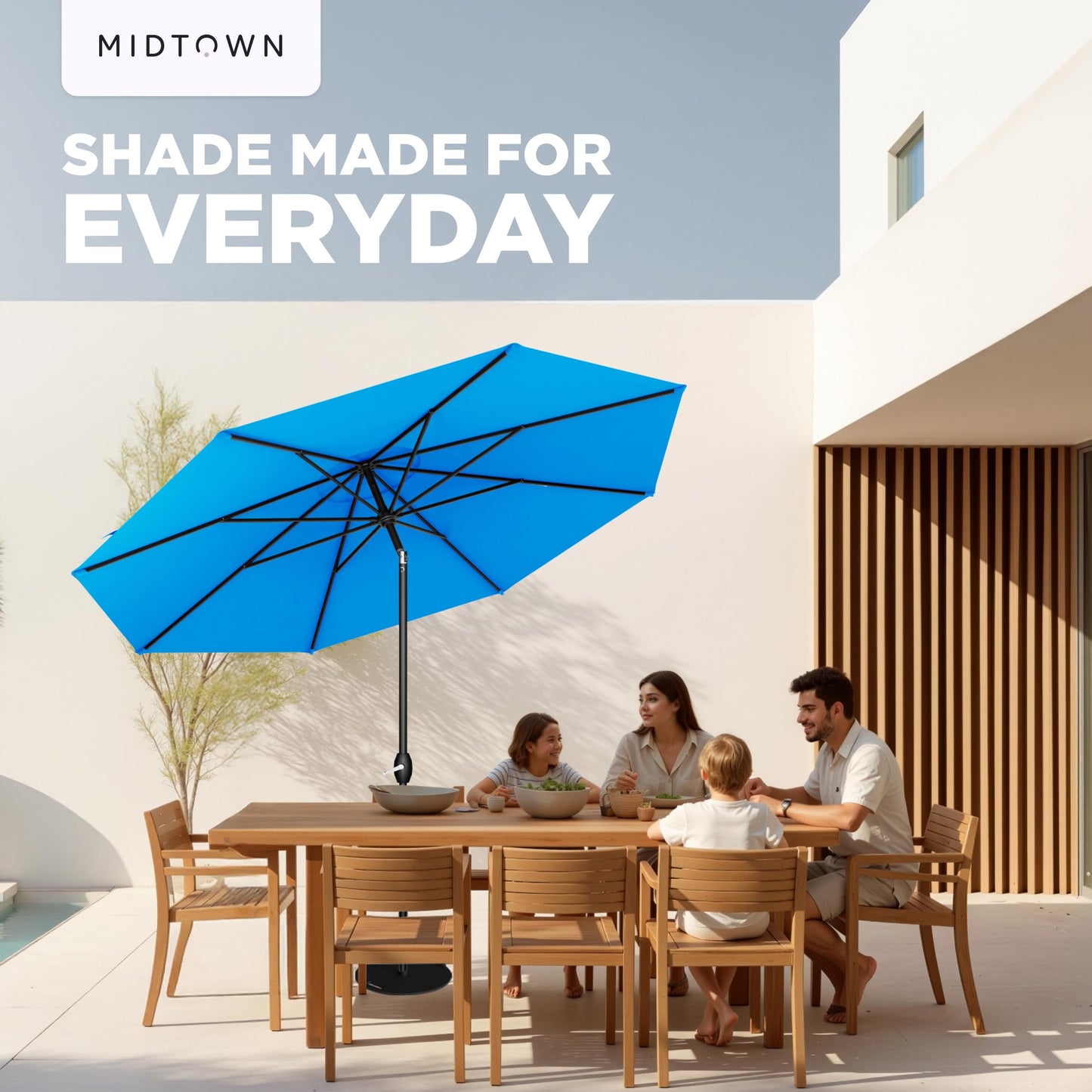 Midtown Umbrellas - 10-Year-No-Fade 9 Ft Patio Umbrella with Terylast Fabric, Auto-Tilt Aluminum Frame and 8 Reinforced Ribs for Deck, Pool, Garden & Beach - Cobalt Blue Canopy, Black Pole