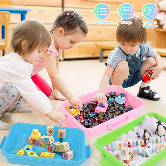 FIIOEOY 3 Pcs Sensory Bin Sand Tray with Lid & 3 Stickers, Stackable Plastic Storage Containers, Portable Sandbox Toy, Organizers for Toys, Sand, Arts, Crafts (Blue, Green, Pink)
