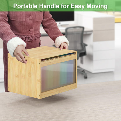 Hanging File Box Organizer for Letter Size, Bamboo Acrylic File Folder Storage with Lid Clear Moving Boxes Wooden with Handle Desktop Wood Filing Holder for Office Banker Document Nature 1 Pack