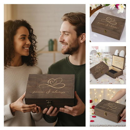 Rustic Wooden Memory Box – Medium Keepsake Storage Box with Double-Sided Engraving – “Forever & Always” Outside & “Every Love Story…” Inside – Personalized Gift for Couples, Wedding, Anniversary