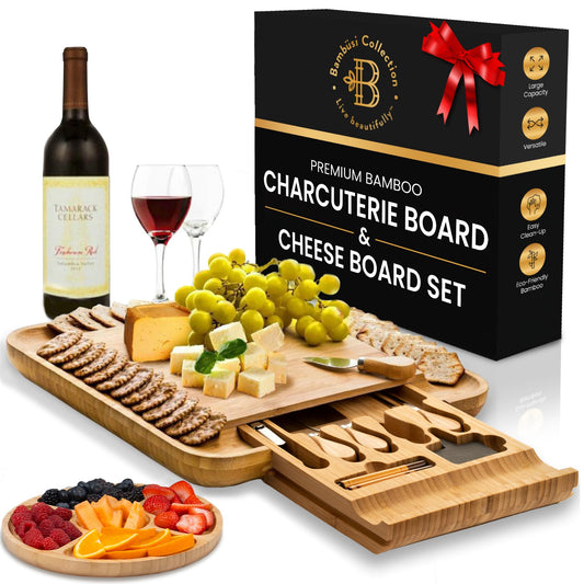 Charcuterie Boards Gift Set - Bamboo Cheese Board Set Charcuterie Tray & Serving Platter for Hosting & Entertaining, Wooden Cheese Platter, Kitchen Gifts for Women, Gifts for Home, Wedding & Birthday