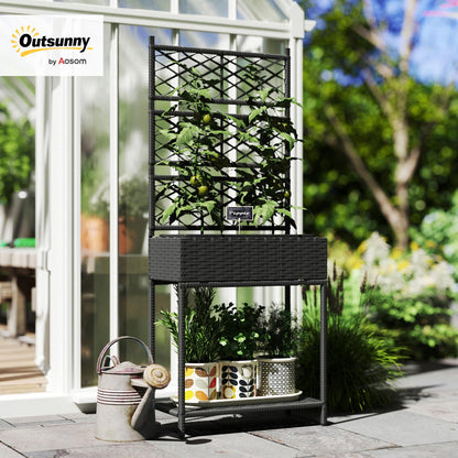 Outsunny Raised Garden Bed with Trellis, Outdoor Wicker Planter, Freestanding Rattan Planter Stand with Storage Shelf for Climbing Plants, Flowers, Herbs, Vegetables, Black