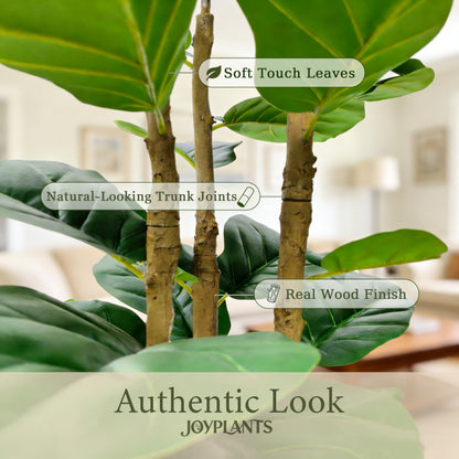 Joyplants 5ft Fake Fiddle Leaf Fig Tree, Realistic Fake Plants with Natural-Looking Trunk, Evergreen Faux Plants Indoor for Home & Office Decor（3 Poles, White Pot）
