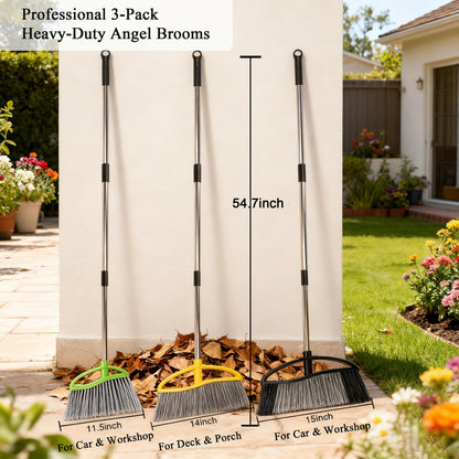 Chanhoo 3 Pack Wide Heavy Duty Angle Broom - Stiff Bristle Outdoor Brooms for Sweeping Patio, Garden, Garage, Yard (Black, Yellow, Green)