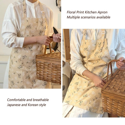 GROZOSS Aprons for Women with Pockets, Japanese Linen Kitchen Apron, Adjustable Lightweight Breathable Embossed Fabric, Cooking Baking Gardening Craft Apron, Vintage Floral Style