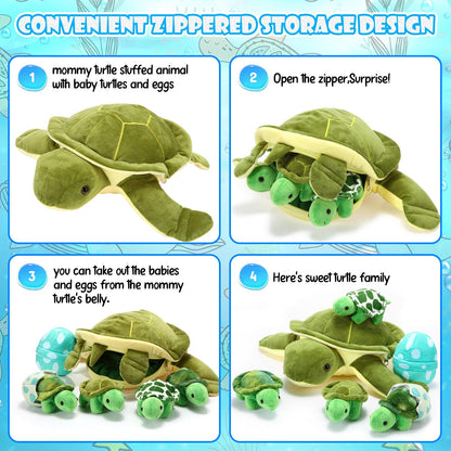 Aoriher 6 Pieces Sea Turtle Stuffed Animal with Babies 12" Mommy Stuffed Sea Turtle with 3 Little Plush 2 Plush Eggs Soft Pillow Tortoise Hugging Gifts for Kids Birthday Baby Shower Party(Classic)