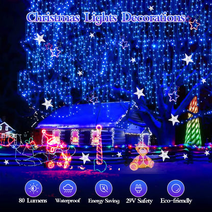 FLVOECN 480 LED 49FT Christmas Lights Plug in 8 Modes with Timer Dimmable Christmas Decorations Outdoor Waterproof Indoor Curtain String Lights for Roof Porch Garden Holiday Wedding Party Decor Blue