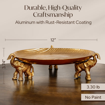 JUUVANA Round Golden Serving Tray with Handles – Decorative Coffee Table Tray, Round Decorative Tray, Gold Table Decor for Dining Table Centerpiece Decor, Vanity Tray, Perfume Tray