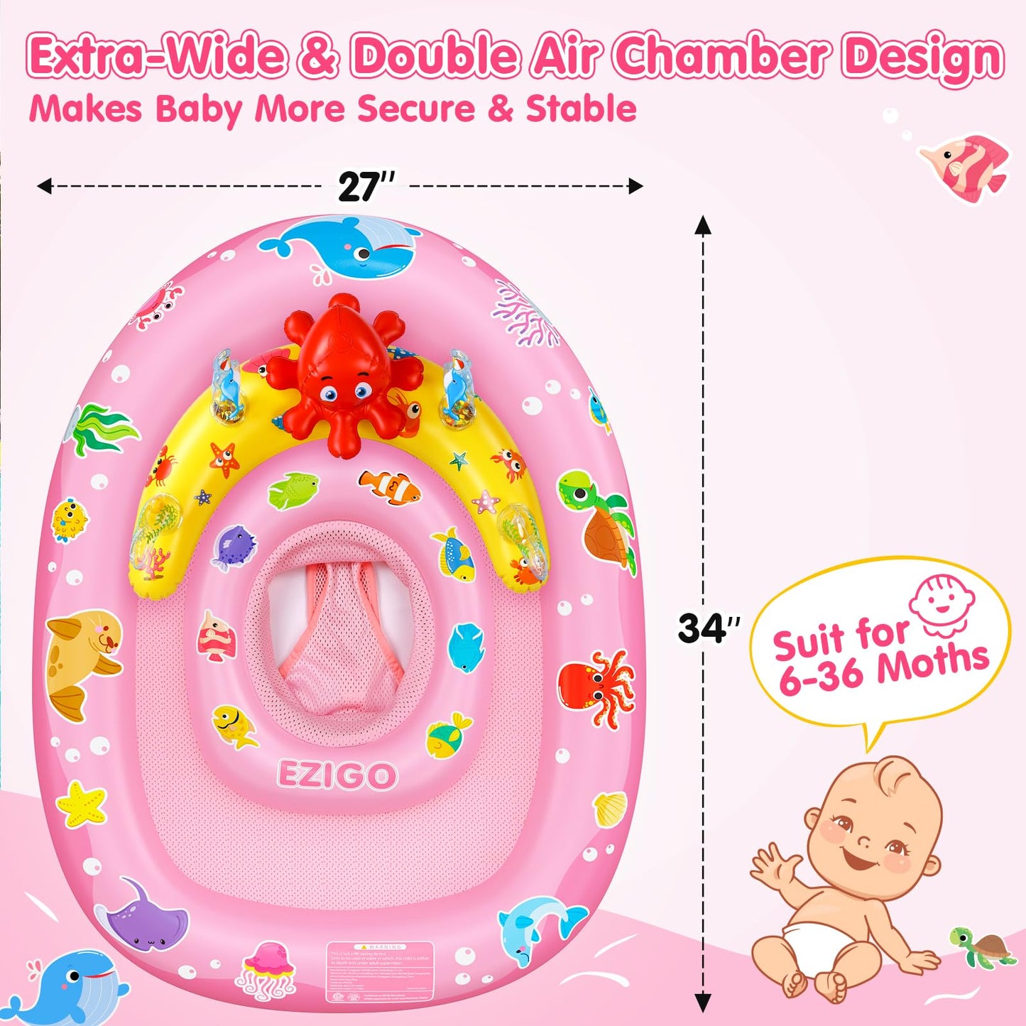 EZIGO Baby Pool Float with Canopy UPF50+ Sun Protection, Inflatable Kids Pool Floats with Ocean Animal Toys for Baby 6-36 Months, Infant Swimming Float with Adjustable Safety Seat for Boys Girls Pink