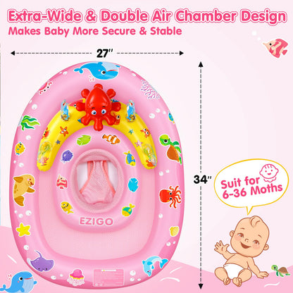 EZIGO Baby Pool Float with Canopy UPF50+ Sun Protection, Inflatable Kids Pool Floats with Ocean Animal Toys for Baby 6-36 Months, Infant Swimming Float with Adjustable Safety Seat for Boys Girls Pink