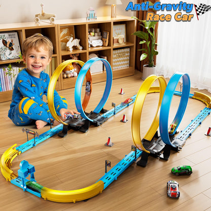 LILYBUDS Toy Car Race Track Set for Boys Kids Age 3-5 4-7, Race Tracks with 4 Crash Zones and 1:64 Scale High-Speed Slot Cars, Christmas Halloween Birthday Gifts Toys for Toddlers Boys 4-8 8-12 Years