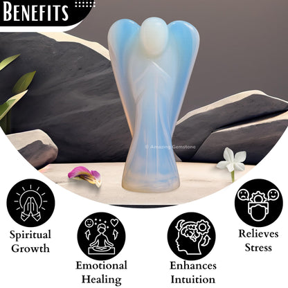 Amazing Gemstone Opalite Crystal Guardian Angel Figurines Ornament for Healing Birthstone, Decoration Statue (Hand Carved Pocket Gemstone Angel) (2 inch)