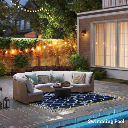 Outsunny Reversible Outdoor Rug Carpet with LED Lights, 10' x 8' PP Straw Rug, Portable RV Camping Mat with Carry Bag and Ground Stakes for Backyard, Deck, Picnic, Beach, Dark Blue and White