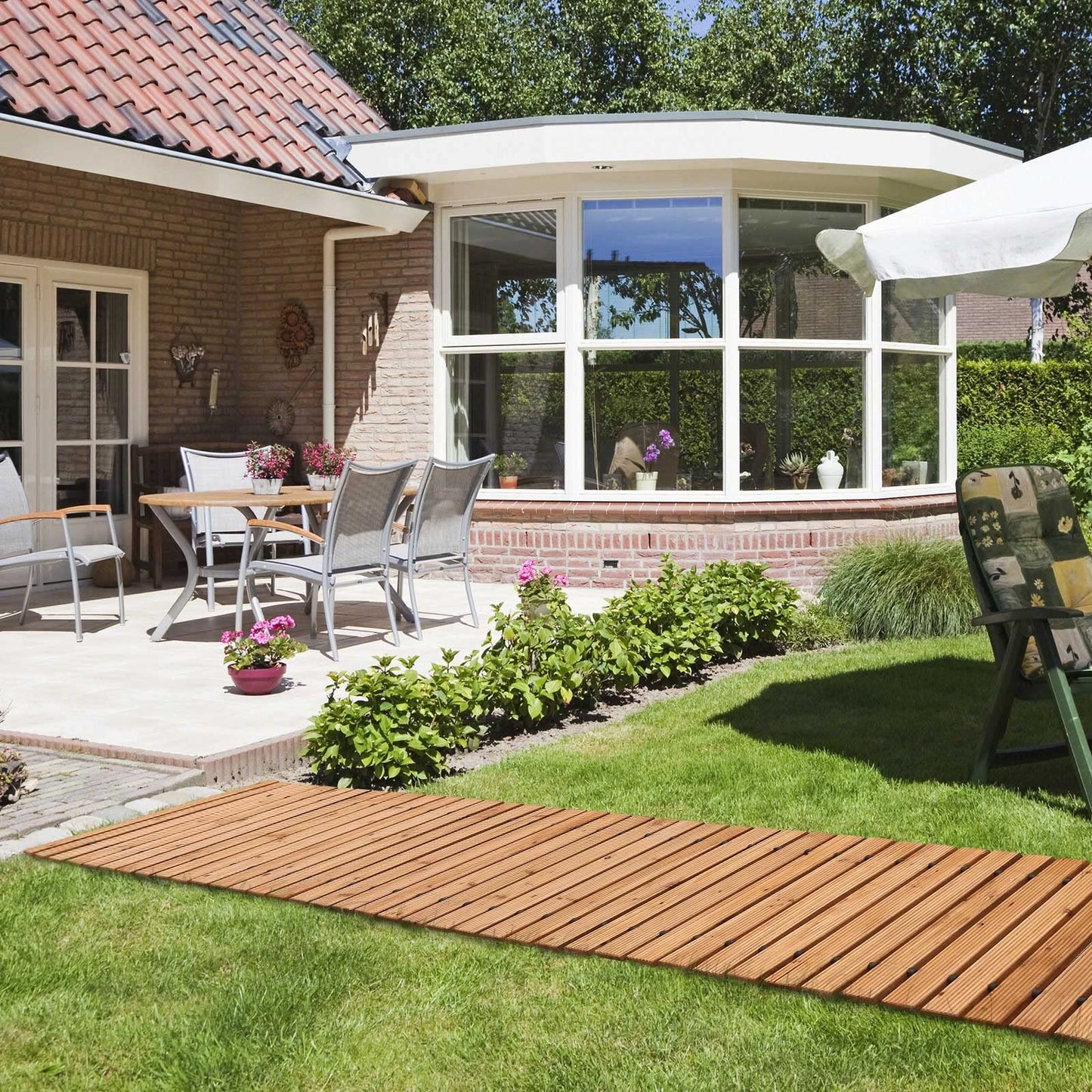 TONAHUTU 8FT Wooden Garden Pathway, Roll Out Wooden Pathway Weather-Resistant Walkway for Outdoor Patios 17" W Roll Out Hardwood Walkway with Non-Slip Surface Wedding Party Pathways (Straight)