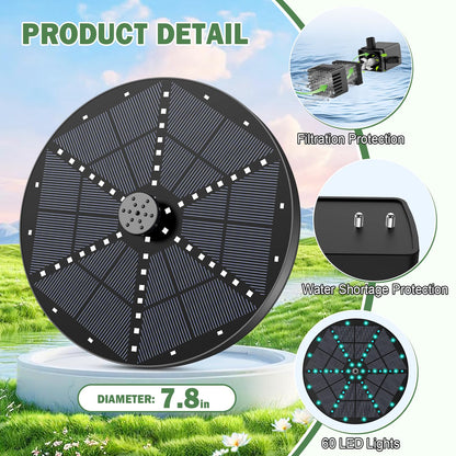 Yzert Upgraded Solar Fountain Bird Bath with 60 LED Lights, Solar Powered Water Fountain Pump with 4000mAh Battery 7 Nozzles 4 Fixers, for Garden Patio Pond Birdbath Pool