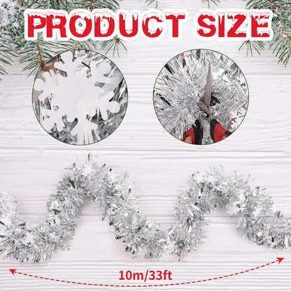 FOIMAS 33 Feet Christmas Tinsel Garland, Metallic Silver Christmas Snowflake Hanging Garland for Xmas Tree Fireplace Home Decoration (Silver)