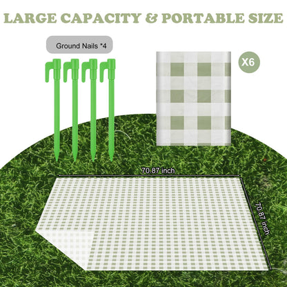 HunnmingRe 6 Pcs Disposable Outdoor Picnic Blankets 71''x71'' Thicken Foldable Waterproof Picnic Mats Gingham Oil Proof Camping Blankets with 4 Ground Spikes Beach Travel Hiking(Green and White)
