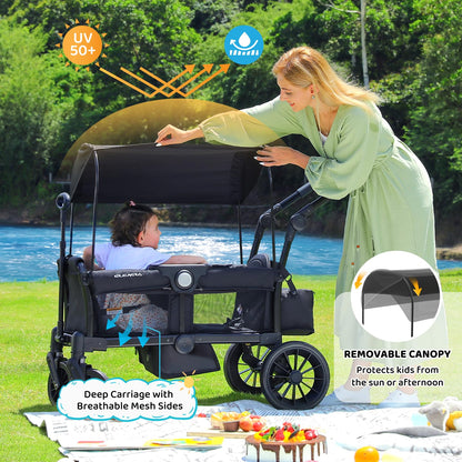 ELEMARA Foldable Wagon Stroller, Stroller Wagon for 2 Kids, Premium All Terrain Wagon for Kids with Removable Canopy, Adjustable Push/Pull Handle, Harnesses, Large Storage Bag, Black