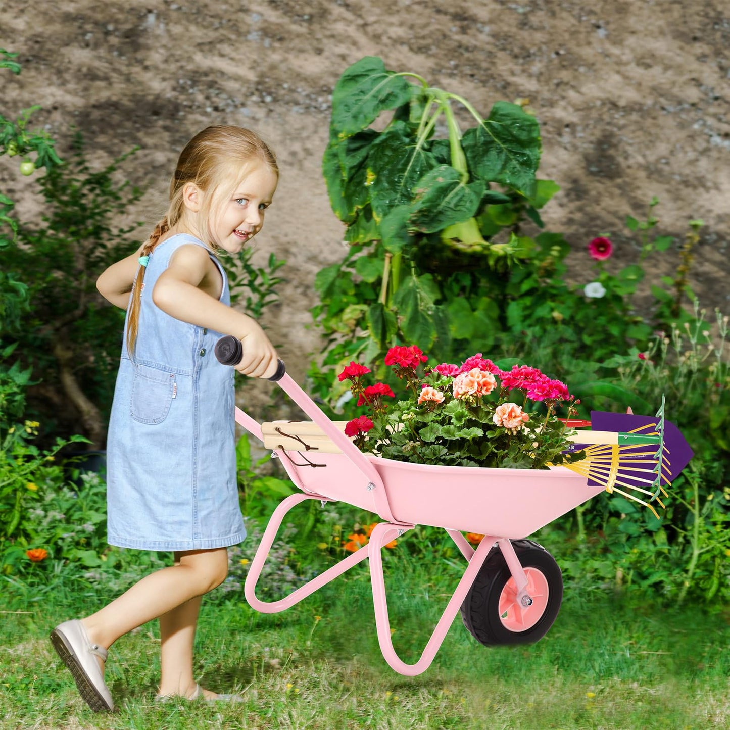 DaisyInner 5 Pcs Kids Gardening Tool Set Include Kids Wheelbarrow Metal Small Toddler Wheelbarrow Wagon with 4 Piece Kids Shovel, Rake, Hoe, Leaf Rake Wooden Gardening Tools for Boys and Girls (Pink)
