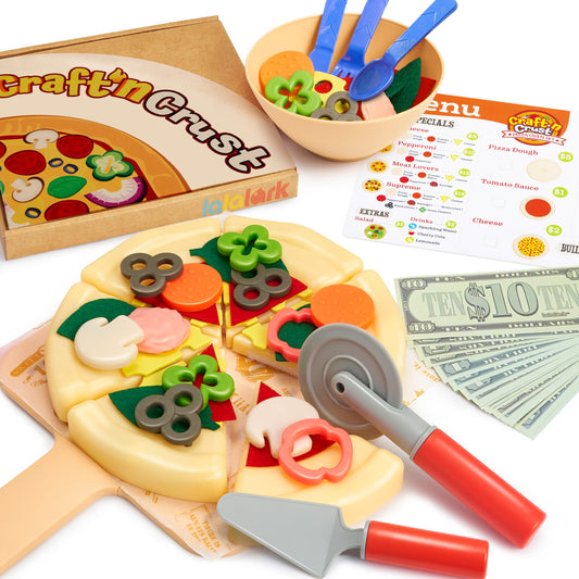 lalalark Play Food Toddler Toy - Pizza Toy with 18 Toppings - Pretend Cutting Food for Kids - Craft 'n Crust - Interactive Check Out - Play Money - Cooking Kitchen Accessories for Boys and Girls