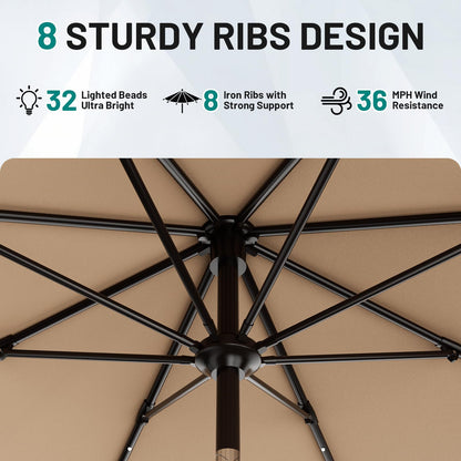 AreShark 9FT Patio Umbrella with Solar Lights, 32 Lighted Pool Umbrella w/Tilt and Crank, Outdoor Market Solar Umbrellas for Garden, Deck, Backyard, Pool and Beach, Beige