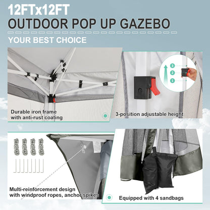 COBIZI 12x12 FT Pop up Gazebo on Clearance Outdoor pop up Canopy Tent,carpas para Patio, Shelter Tents with Sandbags & Portable Carry Bag, Patio Gazebos for Camping, Garden & Lawn, Darkgrey(Upgraded)