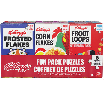 Spin Master Games, Kellogg's Cereal 100-Piece Puzzles 6-Pack, Square Cereal Boxes Puzzle Gift Set, Froot Loops, Rice Krispies, Raisin Bran, Corn Flakes, Frosted Flakes, Honey Smacks for Ages 4 & Up