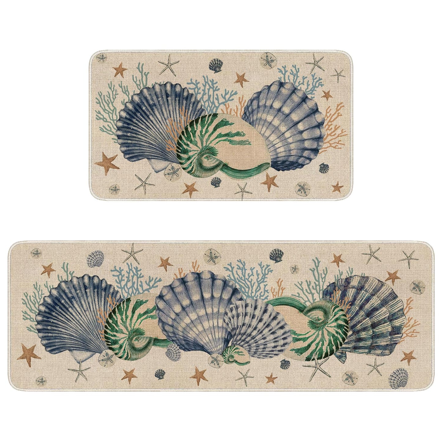 Faptoena Shells Coral Whelks Starfish Kitchen Rugs Set of 2,Ocean Theme Kitchen Mats for Floor,Summer Beach Sink Mats Home Decor Doormat+Runner Rug