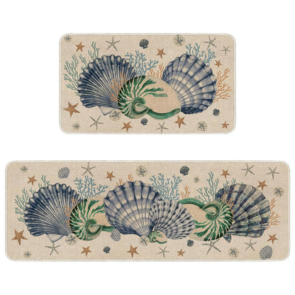 Faptoena Shells Coral Whelks Starfish Kitchen Rugs Set of 2,Ocean Theme Kitchen Mats for Floor,Summer Beach Sink Mats Home Decor Doormat+Runner Rug