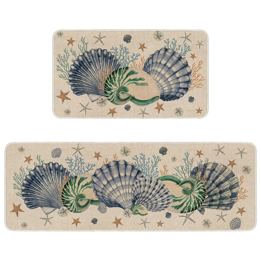 Faptoena Shells Coral Whelks Starfish Kitchen Rugs Set of 2,Ocean Theme Kitchen Mats for Floor,Summer Beach Sink Mats Home Decor Doormat+Runner Rug