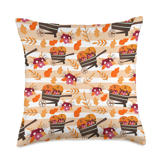 Pumpkin Wheelbarrow Harvest Leaves Fall Floral Pattern Throw Pillow