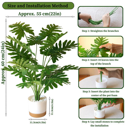 YXYQR Realistic 24" Potted Artificial Philodendron Selloum Plants – Fake Tall Tropical Plants with Pot for Indoor Outdoor Home Living Room Office Desk Shelf Decor