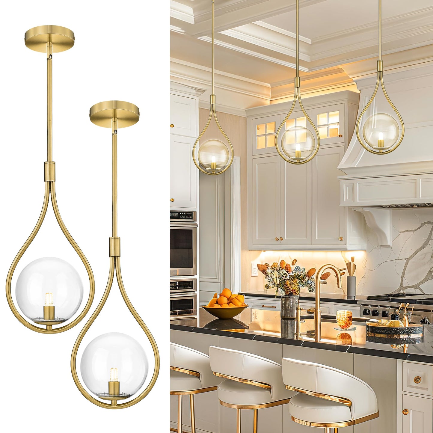 AUTELO 2 Pack Gold Pendant Lights, Hanging Lamp in Brushed Gold Finish with Clear Globe Glass, Mid Century Pendant Lights Kitchen Island with Adjustable Rods for Kitchen H9377 CLBG-2PK