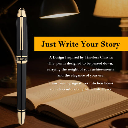 BEILUNER 315 Black Fountain Pen,Stunning Luxury Pens with 24K Gold Accents, Gorgeous 24K Gilded Nib(Medium), Ink Converter,Fancy Pen Gift for Men&Women-Elegant, Office, Reliable, Nice Design