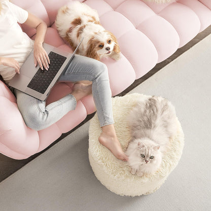 Hansleep Round Stuffed Pouf Ottoman 17 x 14, Foam Filled Faux Fur Ottoman Foot Rest for Chair with Washable Cover, Foot Stools Under Desk for Living Room & Bedroom, Beige
