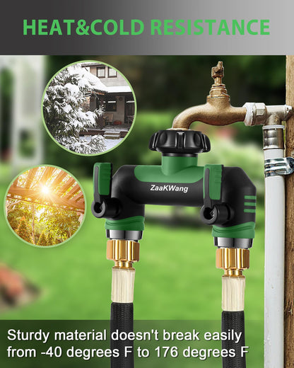 ZaakWang Garden Hose Splitter 2 Way, Heavy Duty Water Hose Spigot Bib Splitter, Outdoor Faucet Splitter with Shutoff Valve, T Adapter Connector with 3/4 - Inch GHT Thread (Green)