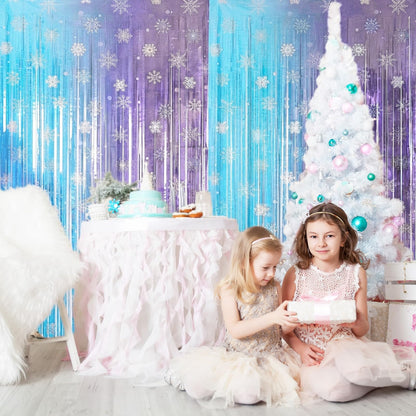 4 Pack 3.3x6.6 Ft Winter Princess Birthday Party Decorations Snowflake Backdrop Tinsel Foil Fringe Curtains Ice and Snow Birthday Party Supplies Snowflake Photo Booth Prop Backdrop Streamer