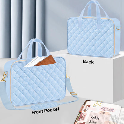 PUGPIU Bible Cover Case for Women, Large Quilted Bible Bag with Shoulder Strap and Handle, Bible Study Supplies Journaling Kit with Highlighters Pens No Bleed Tabs Notebook Cross Clips (Light Blue)