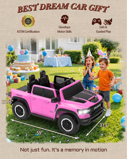 First Ride On 24V Ride On Toys for Big Kids, RAM 1500 2 Seater Ride on Car w/Remote, Battery Powered Truck w/ 4 Wheels Suspension, Toddler Car w/Bluetooth, LED Lights, Trunk
