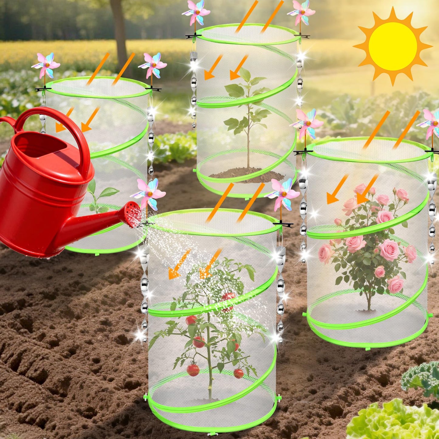4 Pcs Insect Bird Barrier Netting Mesh with Bird Reflective Devices, Outdoor Garden Protection Cover, Plant Covers, Garden Netting Plant Cover, Protect Plant Fruits Flower from Insect Bird Eating