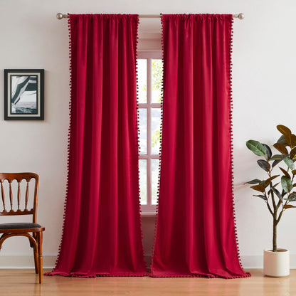 Treatmentex Red Pom Pom Velvet Curtains for Christmas Holiday Season 42"x 84" Length Soft Room Darkening Window Drapes for Living Room, 2Panels, Rod Pocket
