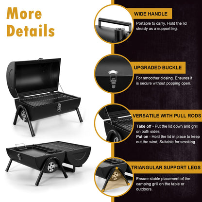 Joyfair Portable Charcoal Grill (2 IN 1 Double-Sided), Small Tabletop Barbecue Grill with Food Tray & Rack for Outdoor Camping Home Patio BBQ Grilling, Heavy Duty & Multi-use, Easy Assembly (230Sq.in)
