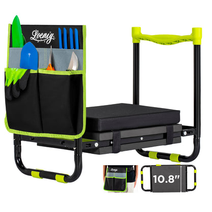 LOENIY 10.8” Wide Garden Kneeler and Seat, Heavy Duty Foldable Gardening Stool with Tool Belt Pouch, Included Thickened Kneeling Pad, Portable Gardening Bench Chair for Seniors & Parents