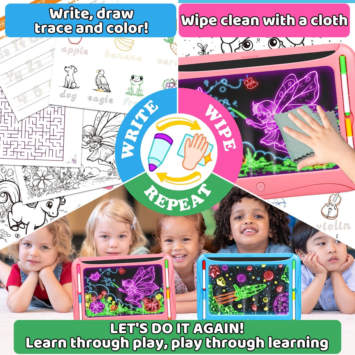 Magic LED Drawing Board for Kids, Girl Toys for Ages 5-7, Christmas Birthday Gifts, Light Up Tracing Pad, 9 Double-Sided Cards, 6 Markers, Neon Effect Doodle Writing Tablet, Arts Crafts Learning Toy